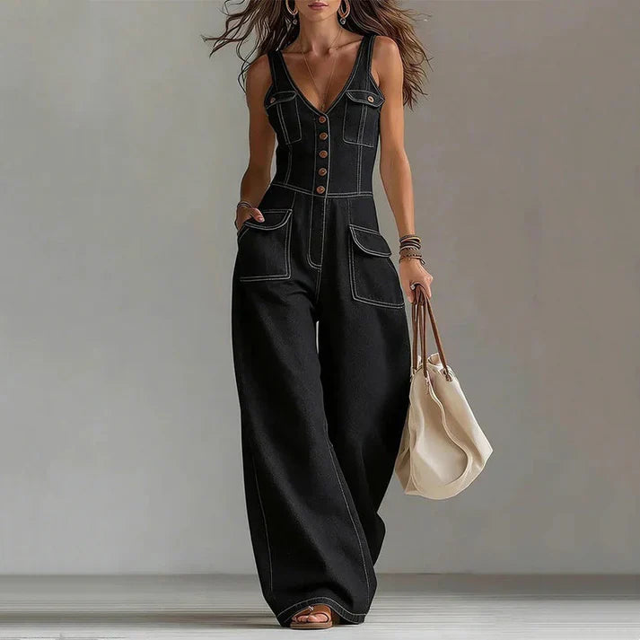 Martina - Mono in denim senza maniche con scollatura a V