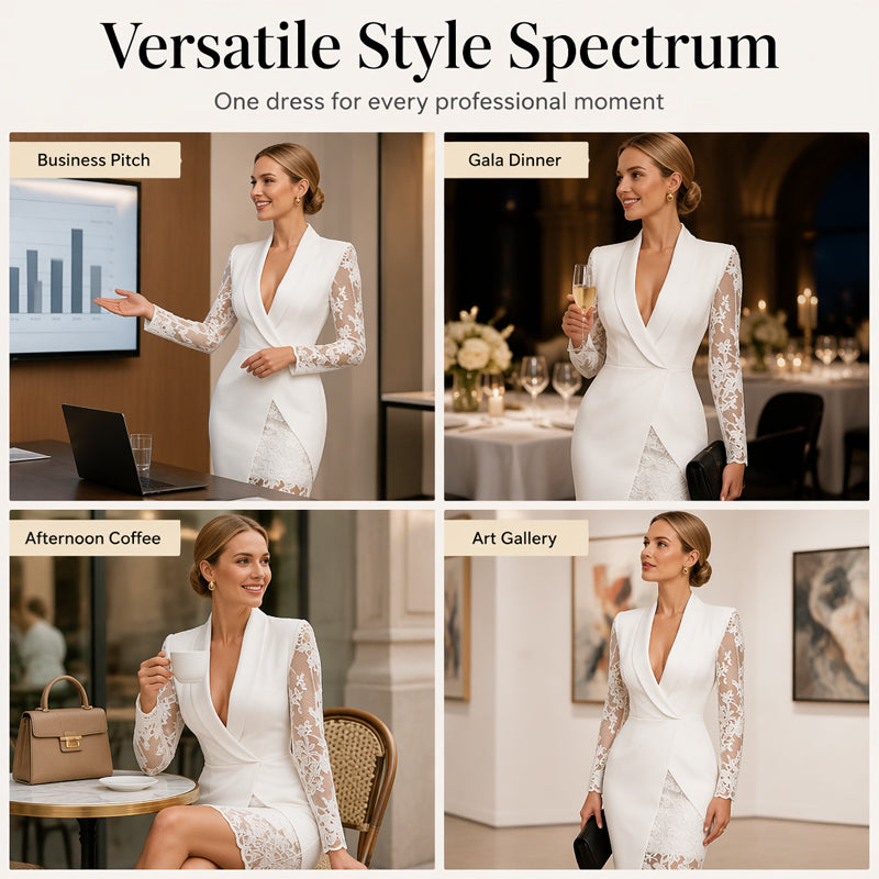 Abito bodycon elegante con scollatura a V e maniche in pizzo