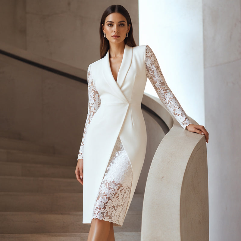 Abito bodycon elegante con scollatura a V e maniche in pizzo